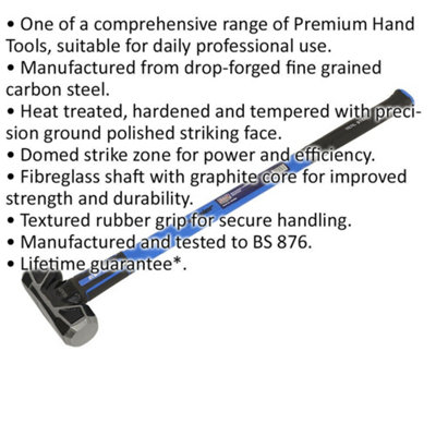 8lb Sledge Hammer - Fibreglass Handle - Rubber Grip - Drop Forged Carbon Steel