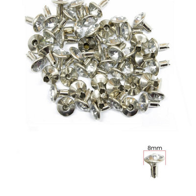 8mm Diamante Rivets with Pins, Clear Crystal Rivets Rhinestone Studs, 10pcs