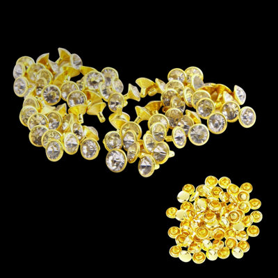 8mm Flat Diamante Rivets with Pins, Clear Crystal Rivets, Gold, 100pcs