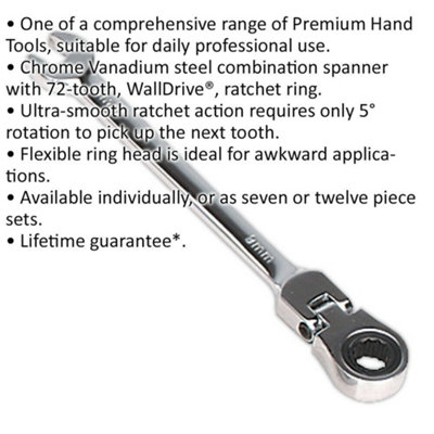 8mm Flexible Ratchet Combination Spanner - Flexible Ring Head - Chrome Vanadium