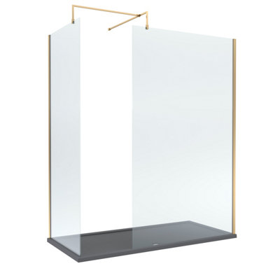 8mm Glass Walk In Wetroom Screens with Brushed Brass Profile and Slate ...