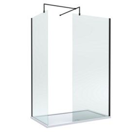 8mm Glass Walk In Wetroom Screens with Matt Black Profile and White Shower Tray - 1400 x 900mm