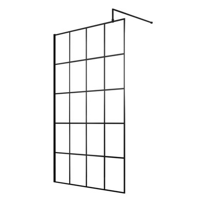8mm Toughened Safety Glass Black Framed Wetroom Screen with Support Arm - 1200mm - Balterley