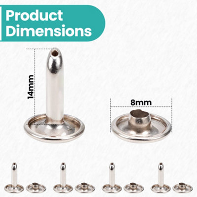 8mm x 14mm Extra Long Double Cap Tubular Rivets, Silver, 50pcs
