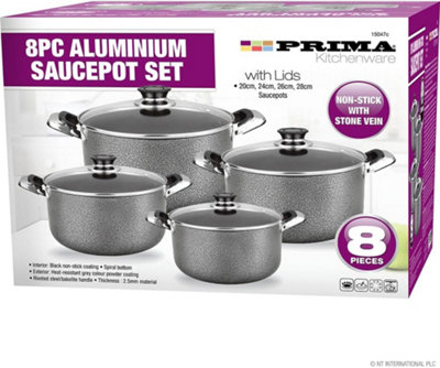 8Pc Aluminium Non Stick Sauce Pot Set Includes Casserole Pot Dishes With Ventilated Glass Lids