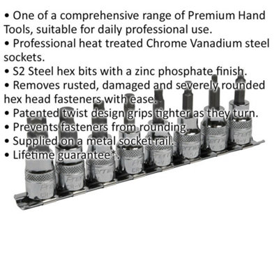 8pc IMPERIAL Hex Key Socket Bit Set - 3/8" Square Drive Damaged & Stripped Bolts