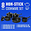 8pc Non Stick Cookware Set - Milkpan Saucepan Kitchen Cook Pan Lids Cooking Carbon Steel