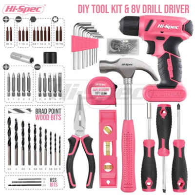 8V Pink Cordless Electric Power Screwdriver Drill Bits Set With Battery 57pc
