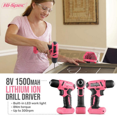 8V Pink Cordless Electric Power Screwdriver Drill Bits Set With Battery 57pc