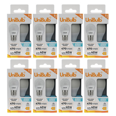8x UniBulb LED Golf Ball E27 470lm 4.2W 6500K (Daylight) Light Bulb ...