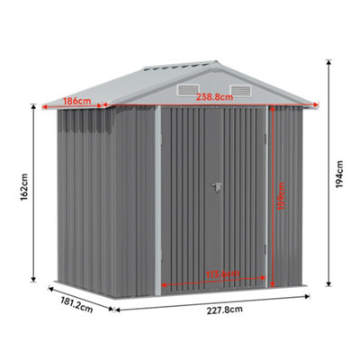 8x6 ft Apex Metal Shed Garden Storage Shed with Lockable Double Door,Grey
