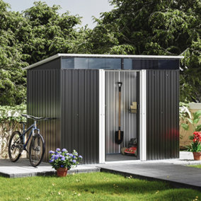 8x6 ft Metal Garden Storage Shed Pent Roof Double Lockable Sliding Doors,Charcoal Black
