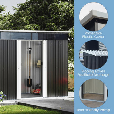 8x6 ft Metal Garden Storage Shed Pent Roof Double Lockable Sliding Doors,Charcoal Black