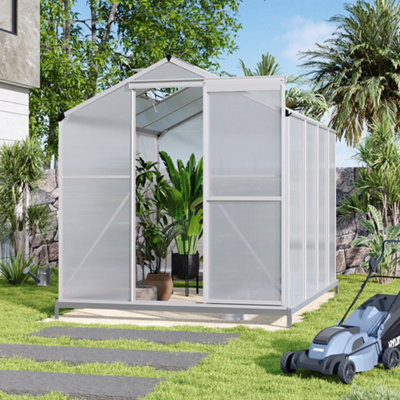 8x6ft Rustproof Aluminium Framed Polycarbonate Greenhouse with Sliding Door and Roof Vent, Base Included