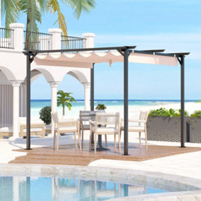 8x8 ft Metal Pergola with Retractable Roof, Garden Pergola with Sun Shade Canopy-Beige