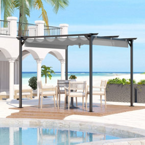 8x8 ft Metal Pergola with Retractable Roof, Garden Pergola with Sun Shade Canopy-Grey