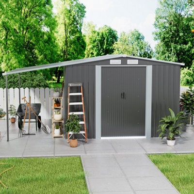 8x8ft Metal Shed Garden Storage Shed Apex Roof Double Door with Sun Shelter