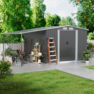 8x8ft Metal Shed Garden Storage Shed Apex Roof Double Door with Sun Shelter
