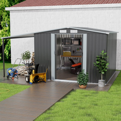 8x8ft Metal Shed Garden Storage Shed Apex Roof Double Door with Sun Shelter