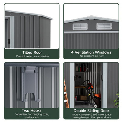 8x8ft Metal Shed Garden Storage Shed Apex Roof Double Door with Sun Shelter
