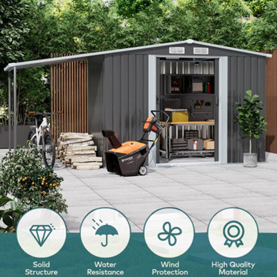 8x8ft Metal Shed Garden Storage Shed Apex Roof Double Door with Sun Shelter