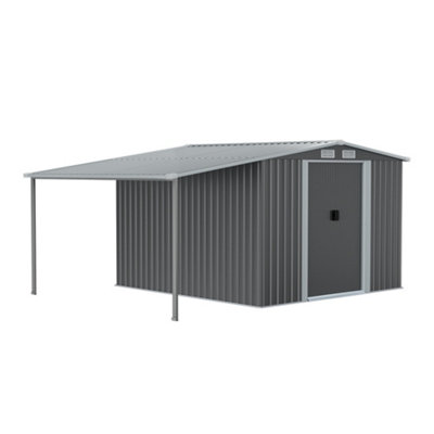 8x8ft Metal Shed Garden Storage Shed Apex Roof Double Door with Sun Shelter