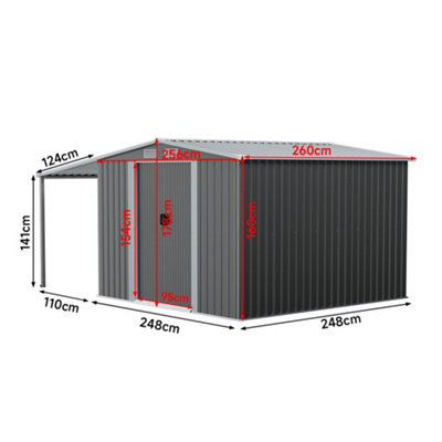 8x8ft Metal Shed Garden Storage Shed Apex Roof Double Door with Sun Shelter