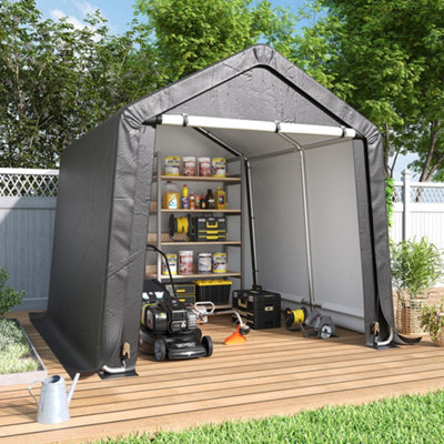 8x8FT Waterproof Garden Galvanized Tube Storage Shed Dark Grey with ...