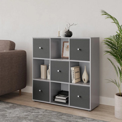 9 Cube Grey Wooden Bookcase Shelving Unit with 5 Collapsible Fabric ...