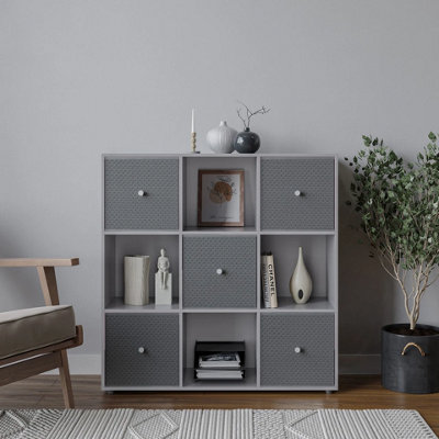 9 Cube Grey Wooden Bookcase Shelving Unit with 5 Collapsible Fabric ...