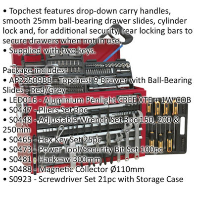 9 Drawer Topchest with 205 Piece Tool Kit - Ball Bearing Slides - Red & Grey