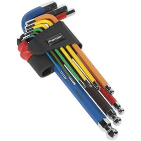 9 Piece Colour Coded Long Ball-End Hex Key Set - 1.5mm to 10mm Sizes - Anti-Slip