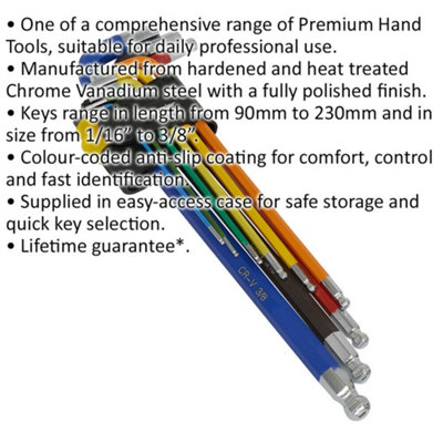 9 Piece Extra-Long Colour Coded Ball-End Hex Key Set - Imperial Measurement