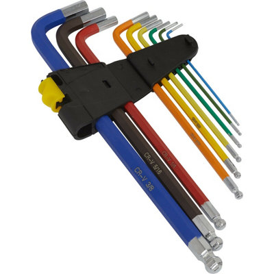 9 Piece Extra-Long Colour Coded Ball-End Hex Key Set - Imperial Measurement