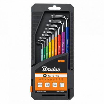 9-Piece Extra Long TORX Star Key Set TX10 to TX50, S2 Steel, Colour-Coded.