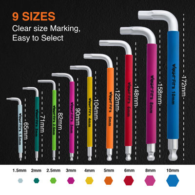 9 piece metric allen key set , colour coded ball end folding hex keys