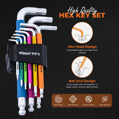 9 piece metric allen key set , colour coded ball end folding hex keys