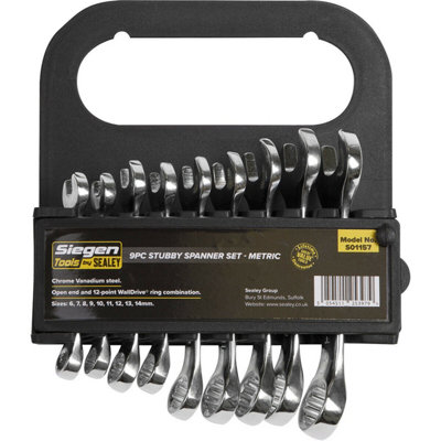 9-Piece Stubby Short Handled Combination Spanner Set - 12 Point Metric Open Head Tools