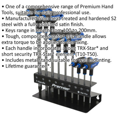 9 Piece T-Handle TRX-Star Key Set - T10 to T50 Sizes - Hardened S2 Steel