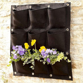 9 Pocket Square Floral Feature Wall Planter - Indoor Outdoor Black Hanging Flower Herb Veg Holder for Walls & Fences - 70 x 70cm