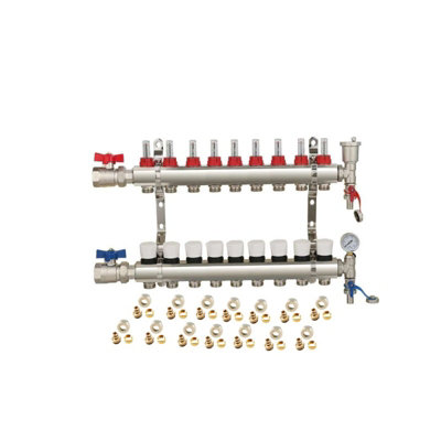 9 Ports Water Underfloor Heating Manifold with 15mm Pipe Connections, 1 inch Ball Valves, Automatic Air Vent & Pressure Gauge