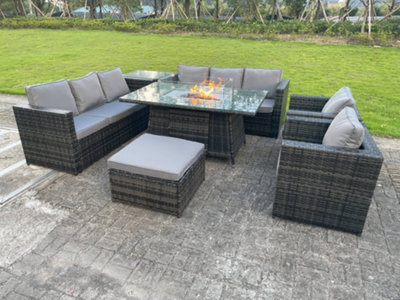 9-Seater Outdoor Rattan Garden Furniture Set with Pit Table Lounge Chairs Big Footstool