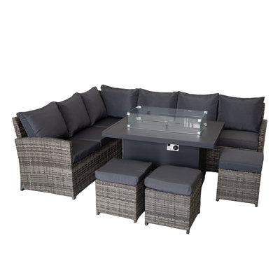 9 Seater Rattan Garden Furniture Set with Fire Pit Table, Padded Corner