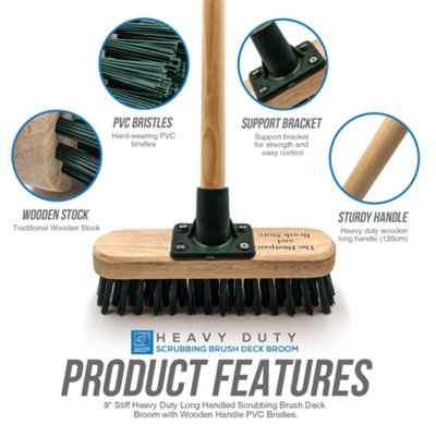 9" Stiff PVC Bristle Decking Brush with Long Wooden Handle - Heavy Duty Outdoor Deck Scrubbing Tool