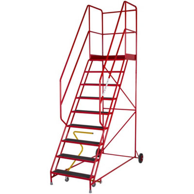 9 Tread Heavy Duty Mobile Warehouse Safety Ladder with Anti-Slip Steps - 3.03m