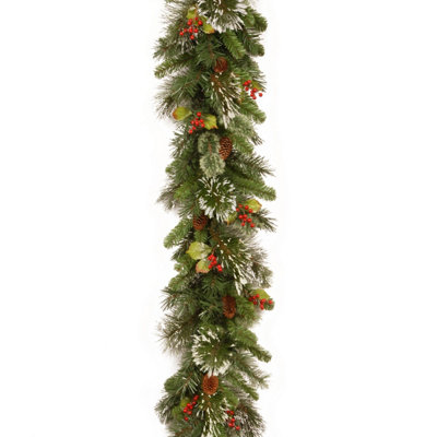 9'x10" Wintry Pine Garland With Cones, Red Berries & Snowflakes