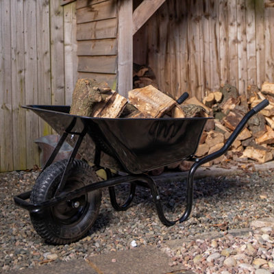 90 Litre 150kg Capacity Heavy Duty Outdoor Galvanised Pneumatic Metal Garden Wheelbarrow in Black