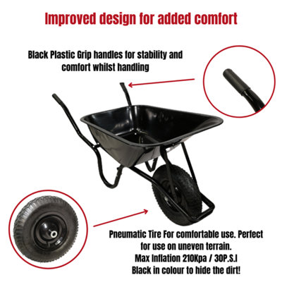 90 Litre 150kg Capacity Heavy Duty Outdoor Galvanised Pneumatic Metal Garden Wheelbarrow in Black - 7