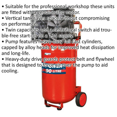 90 Litre Vertical Belt Drive Air Compressor - 3hp Motor - Quick Release ...