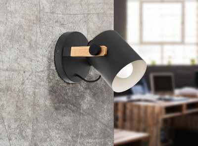 Eglo Black/Light Hornwood /Natural Metal & Wood Spot Wall - Modern Fixture (D) 17Cm